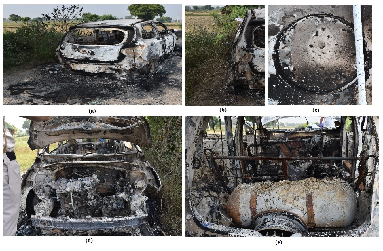 Figure 1: Illustrates (A) Metallic Frame or Remnants of A Completely Burnt Car with Smoke Lines & Soot Depositions, (B) Heating Effect on Plants Near Vehicle, (C) Unaffected Lid of Fuel Tank, (D) Completely Burnt Engine Portion of Car Exposing Wheel Rim, (E) Intact CNG Cylinder and Other Remnants of Car Seat View From Inside.
