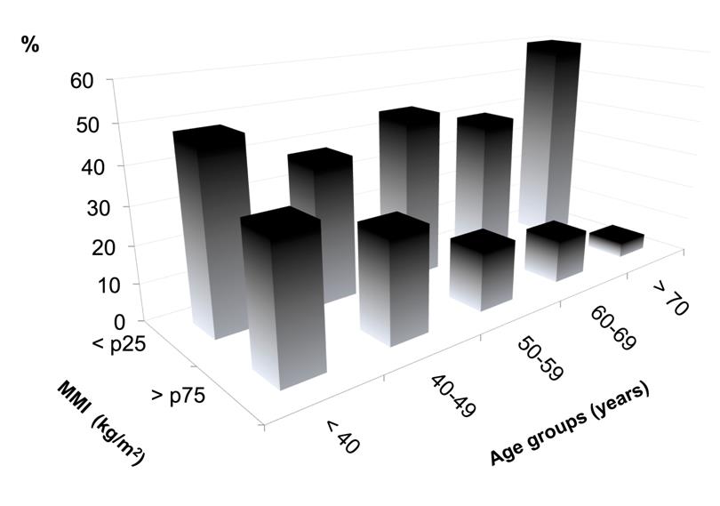 Figure 1: Percentual distribution (%) according to Muscular Mass Index (MMI) percentil and age groups.