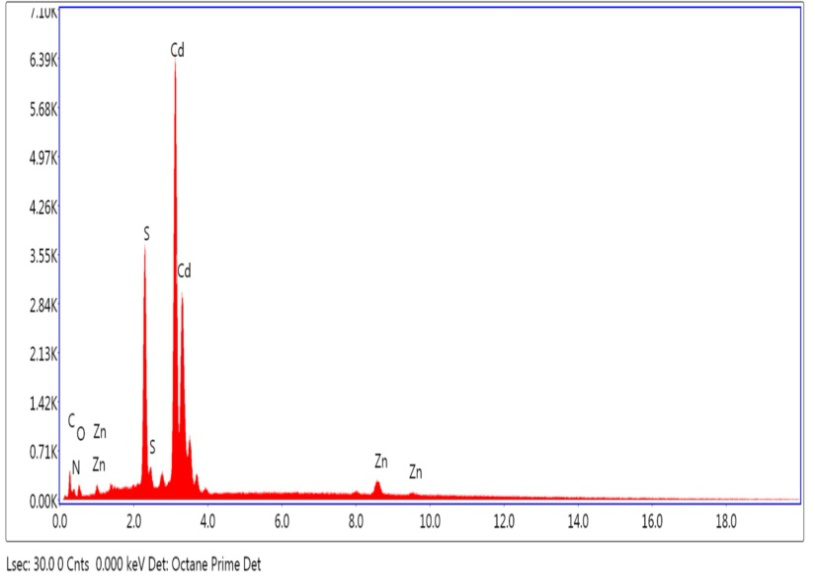 Figure 3: EDAX Spectrum of (A) CdZns Nanoparticles, (B) Ocimum Tenuiflorum (10 Ml) Added CdZns Nanoparticles; (C) Ocimum Tenuiflorum (20 Ml) Added CdZns Nanoparticles.
