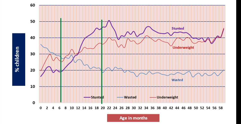 Figure 3: Trend (percentage prevalence rate) with age of stunting, underweight and wasting in children 0-59 months [23].