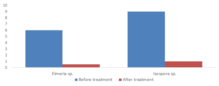Figure 1: Comparative results of parasitological examination findings (%) of the significant parasites before and after the application of program to control of parasitic infection at suckling piglets (from 0 to 28 days of age).