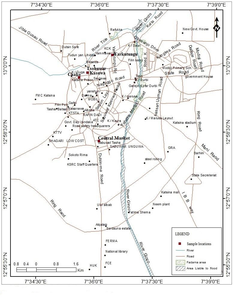 Figure 1: Map of Katsina Metropolis Showing Sampling Locations (Source: National Aeronautic and Space Administration Spot Image, 2022.)