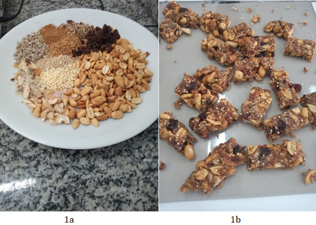Figure 1: a) Dry ingredients used in the formulation of oleaginous and cereal bars; b) Oleaginous and cereal bars being prepared for sensory analysis.