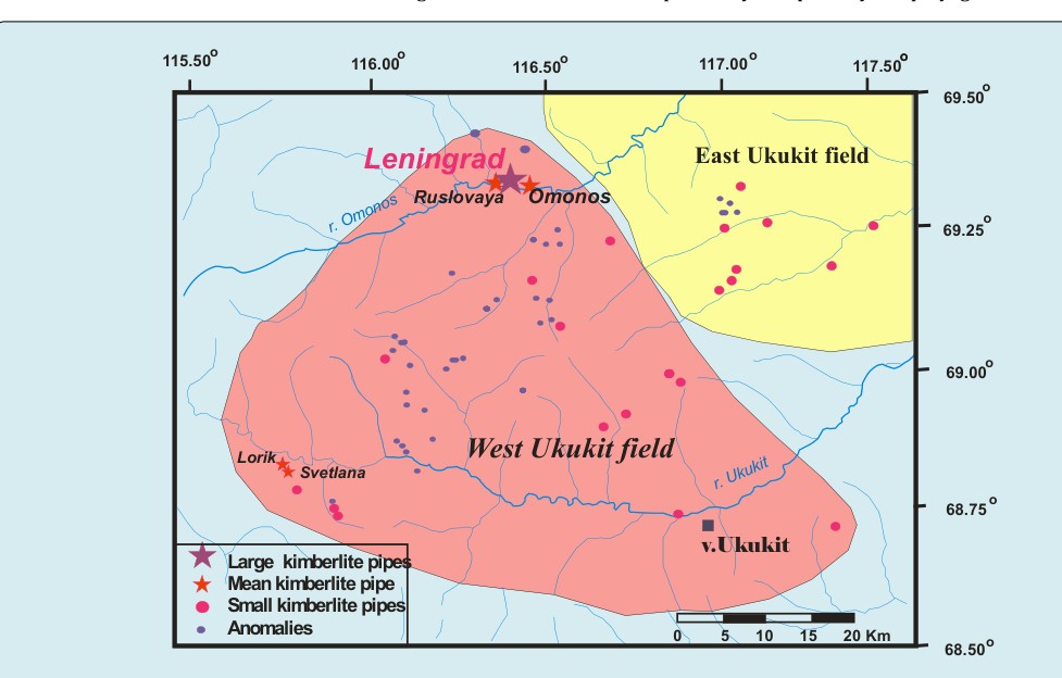 Figure 1: Location of the West Ukukit field and other kimberlite fields in Siberian platform. See legend on the figure. 1. Siberian platform. 2. Shields. Kimberlite fields. 3. West Ukukit field. 4. Late Devonian fields. 5. Lower Triassic and Jurassic fields [1,3]. 6. Carbonatitic massifs. Fields: 1. Malo-Botuobinsky, 2. Nakyn, 3. Alakit-Markha, 4. Daldyn, 5. Upper Muna, 6. Chomurdakh, 7. Severnei, 8. West Ukukit, 9. East Ukukit, 10. Ust-Seligir, 11. Upper Motorchun, 12. Merchimden, 13. Kuoyka, 14. Upper Molodo, 15. Toluop, 16. Khorbusuonka, 17. Ebelyakh, 18. StarayaRechka, 19. Ary-Mastakh, 20. Dyuken, 21. Luchakan, 22. Kuranakh, 23. Middle Koupnamka, 24. Middle Kotui, 25. Chadobets, 26. Taichikun-Nemba, 27. Tychan, 28. Muro-Kova, 29. Tumanshet, 30. Belaya Zima, 31. Ingashi, 32. Chompolo, 33. Tobuk-Khatystyr, 34. Kharamai. 35. Manchary, 36. Carnian tuffs.