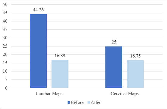 Figure 3: Body map grid scores for low back and neck maps before and after DN.