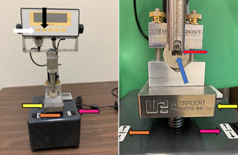 Figure 2: Ultra Tester Machine (left) and a close-up view of specimen testing (right). The clamped specimen (blue arrow) was placed under the crosshead (red arrow) on the loading platform (yellow arrow). By adjusting the “Jog” switch (pink arrow), the specimen was aligned to fit the notch in the crosshead (red arrow) leaving a 0.5 mm space, between the specimen and the notched crosshead. The back of the crosshead and the base of the specimen was verified to be flush with no space between them. The meter was set to “Peak” mode (black arrow) to record the maximum force applied to the specimen during each test. Before each test was activated, the meter was reset by pressing the “Zero” key (white arrow). When the test switch (orange arrow) was pushed upward, the test was activated, and the Ultra tester platform raised at a rate of 1mm/min to engage the specimen with the crosshead and break the specimen with the peak value recorded in Megapascal (MPa).