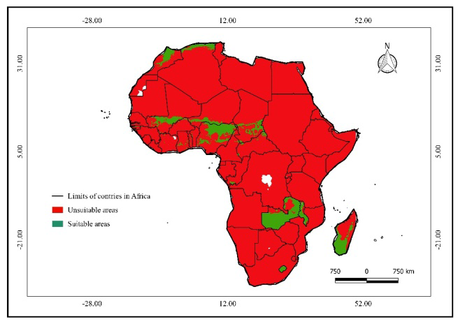 Figure 8: Impact of climate change on the spatial distribution of Anogeissus leiocarpa with Maxent: a) in Africa; (b) in Benin.
