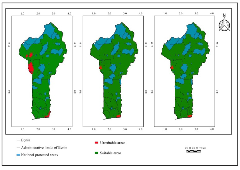 Figure 9: Network of protected areas and the spatial distribution of Anogeissus leiocarpa at the scale of Benin in the present and in the future by 2055 under rcp 4.5 and 8.5 scenarios.