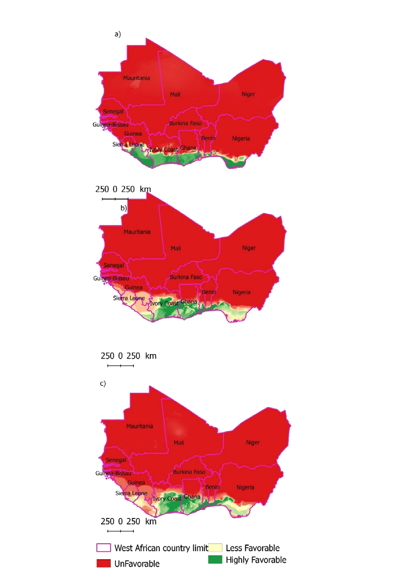 Figure 8: Projection of the spatial distribution of T. spekii: a) Present; b) Future Rcp 4.5 horizon 2055; c) Future Rcp 8.5 horizon 2055.