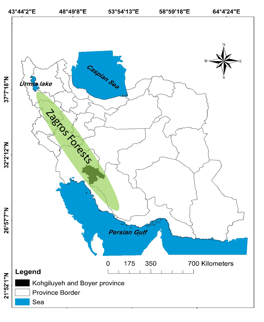 Figure 1: Location of Zagros forests and the province of Kohgiluyeh and Boyer-Ahmad in Iran.
