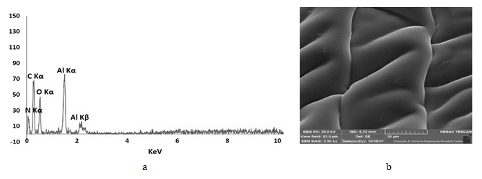 Figure 6: a) EDS and microscopic image of the fabricated sample with a scale of 20 μm b) SEM image of nanocomposite.