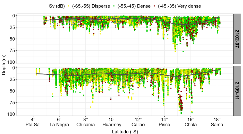 Figure 3: Vertical distribution of anchoveta schools by degree of latitude classified by abundance levels on 2021 research surveys. The gray smoothed line indicates the average of the vertical distribution.