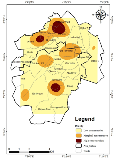 Figure 5: Kernel Density Estimation for MSW Disposal Points in Aba Urban.