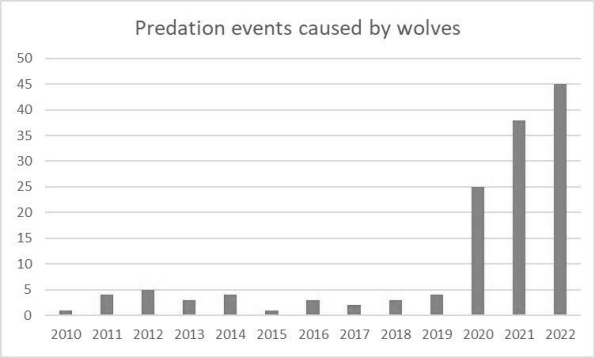 Figure 2: Number of wolf predatory events in the Municipality of Montenero Valcocchiara in the period 2010-2022.