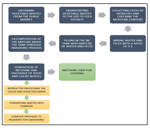 Figure 2: Process of Converting Waste into Biogas using the Biogas Digester. Located at the Pacwood Site in Barangay Tunasan, Muntinlupa City The flowchart in Figure 2 illustrates the step-by-step process of how the biogas digester located at the Pacwood Site in Tunasan. The process begins with the collection of vegetable waste from the public market, which is then utilized as feed for ostriches. This step aims to enrich the feces of the ostriches with nutrients derived from the digested vegetable waste. Once the feces are collected, their moisture content is checked to ensure optimal conditions for the subsequent stages. The ideal ratio between water and feces is 1:1, as it contributes to achieving the desired quality of biogas. The mixture of feces and water is then transferred to an IBC tank, where anaerobic decomposition takes place. This phase is critical as it leads to the production of methane gas, the key component of biogas. To maintain a consistent supply of biogas, a storage unit is employed to store the generated gas.
