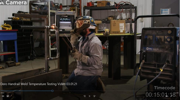 Figure 5: Handrail Weld Temperature Testing Video, Timecode 15:01:18, Temperature of 540-Degrees Fahrenheit During Second Pass of Weld Activity.