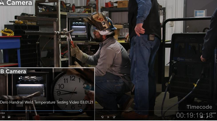 Figure 6: Handrail Weld Temperature Testing Video, Timecode 19:19:18, Temperature of 320-Degrees Fahrenheit at Completion of Welding.