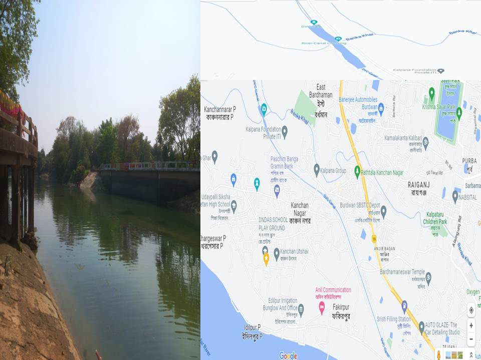 Figure 1: Location of Experimental Kanchannagar Zone; Banka-Siphon, and Eden-Canal of Damodar (Source: Mobile Photography and Google map).
