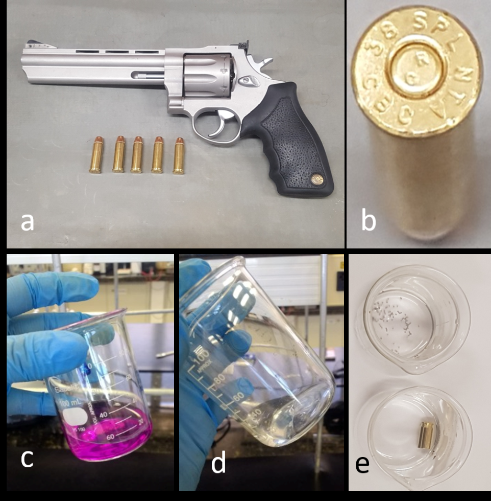 Figure 2: Description of the Revolver, Ammunition, and Initial Colorimetric Results Obtained with the Proposed Methodology. A) A Taurus RT 608 Revolver was Used for the Shooting; B) .38 Caliber NTA Ammunition was Used; C) Typical Purple Color Obtained During Colorimetric Detection of Nitrite Ions by Using Reagents Adapted from the Griess Test; D) Absence of Colorimetric Response for Nitrate Ions; E) Absence of Colorimetric Response for Nitrite Ions in the Chemical Components of the Powder and the Cartridge Before Firing.