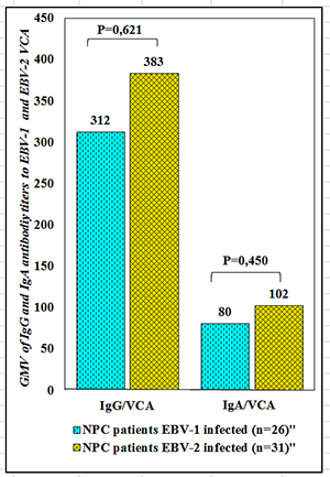 Figure 2: Serological reactivity to EBV VCA in two nasopharyngeal carcinoma (NPC) patient groups, infected with EBV-1 and EBV-2.