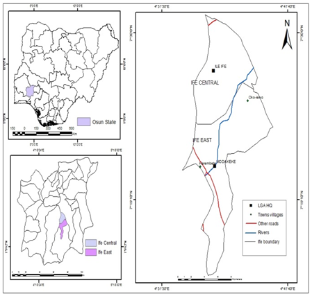 Figure 1: The study area showing Nigeria, Osun and Ile-Ife.