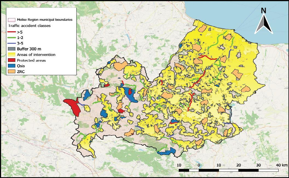 Figure 2: Intervention map merged with Protected Areas, Oasis and Capture Areas (ZRC); relationship with roads accidents.