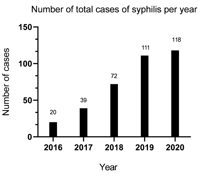Figure 1: Cases of syphilis per year, The figure shows the increasing cases of syphilis that were reported in the city of Caucaia, with the numbers being, respectively: 20, 39,73,111, and 118.