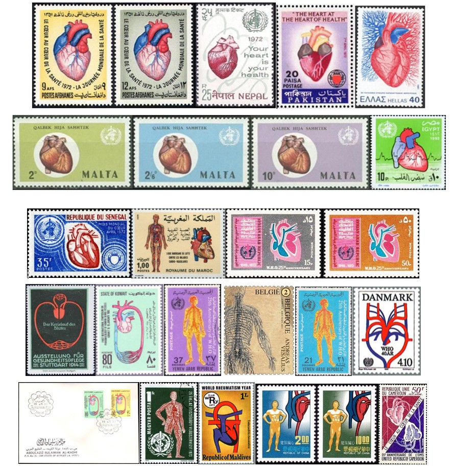 Figure 1: Philatelic and faleristic selection devoted to the anatomy and physiology of the human heart and circulatory system.