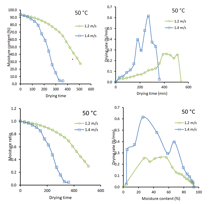Figure 3: Effect of air velocity on the drying behaviour of Indian spinach at 50 °C.