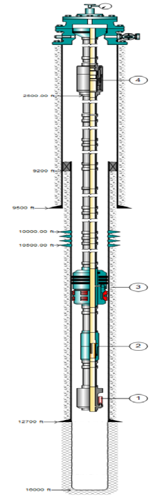 Figure 1: The numbers 1 to 4 shown in Figure 1 represent, respectively: The tubing, the packer, the ball, and the gauge. Figure 1(a) shows the single string completion of X well where production takes place in the annular space and the tubing. Figure 1(b) shows the double completion of X well, where production takes place in two tubings (short and long) with identical diameters. The completion running process of the production section is done in six steps, as shown in Figure 2.
