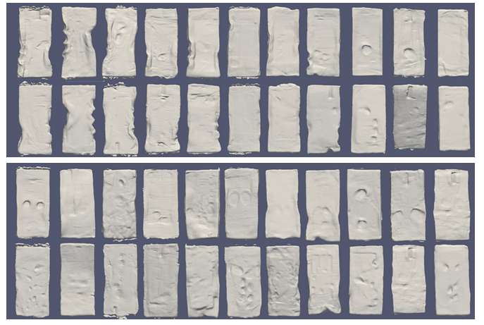 Figure 2: The clay models that were 3d scanned. The upper row is the front view using the smart phone with the right hand. The second row is the back view. The third row is the front view of the smart phone used with two hands and fourth row is the back view.