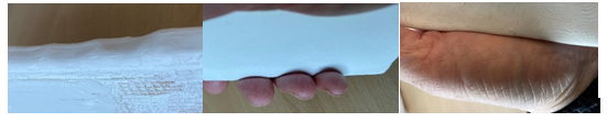 Figure 4: An impression of the 3d printed rounded form at the edges (left), the position of the fingers for the right handed phone in the indents (middle) and the position of the thenar in the double handed phone (right).