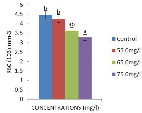 Figure 5: Effect of different acute concentrations of Mulsate glyphosate herbicide on the RBC of C. gariepinus. Mean values with different alphabetic superscripts are significantly different (p<0.05).