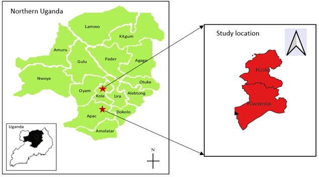 Figure 1: Geographical location of case study communities, i.e., Kole and Kwania districts in Northern Uganda.