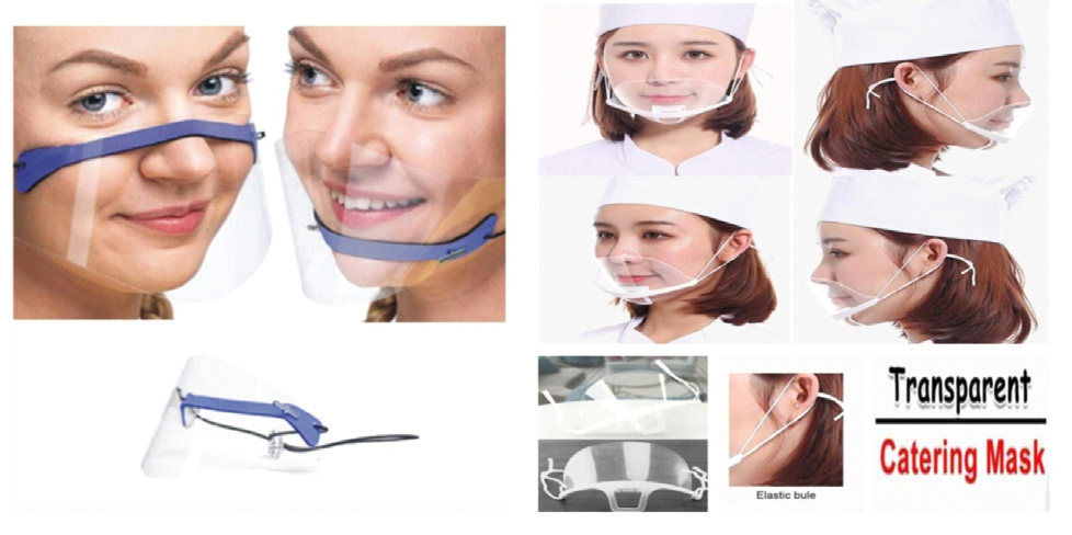 Figure 36: Different types of the conventional transparent short length face shields (covers nose and mouth).