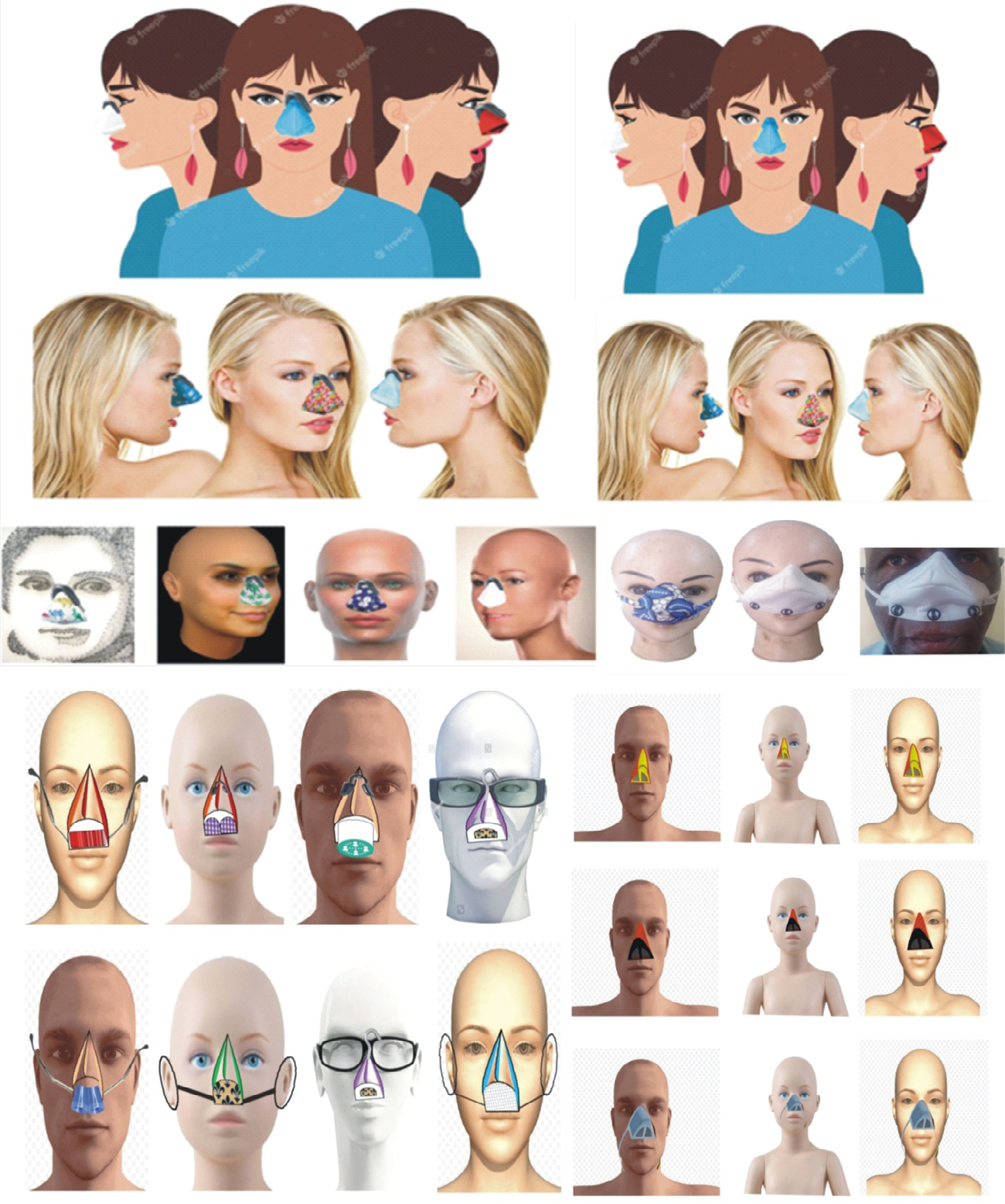 Figure 41: Furthermore, Figure 42 depicts the designs and applications of the elastomeric material nose mask with **reusable/** exchangeable filter elements (cartridges or filters), that may be selected to provide the needed level of filtration (80 to 99.97) i.e. rubber wear latex prosthetics nose masks. It mimics the rhinoplasty (also known as nose job or cosmetic surgery) used to alter the nose shape into any other preferred shape. They are carefully sculpted or textured like skin and the edges are tissue thin for invisible blending. On the other hand, the sole mouth masks, mouth shields, mouth covers and mouth pads as depicted in Figure 43, could be used by any of the following techniques, plasters or flash bands, by using ear elastic rope, Velcro belt or button etc. adjustable to perfectly fit the wearer, and also with mouth clips or lips clips for eating solid food or drinking liquids, which are made with either zip or flip-up cover like button. In Figure 43a the cap is designed such that it could be flipped-up to eat while a straw is used through the nub for drinking in public, while Figure 43b is mouth shaped net cup/cover and Figure 43c is zipping system. Figure 44 presented the different techniques of using the mouth masks design configurations.
