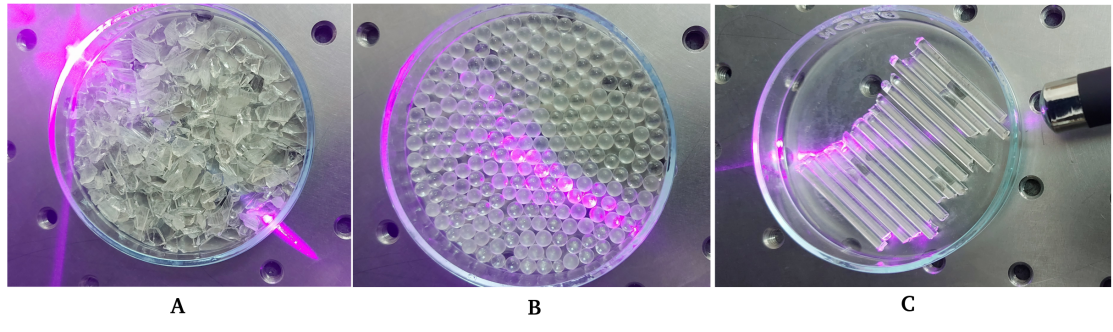 Figure 5: A. Possible realization of the screw channel repackaged with the metamaterials formed by the dropped quartz with different sizes from 5 1 0− and 1 2n m − B. Realization of the close random packing of the small and big spheres. Figure C represents the optical fibers repacked in the decontamination of the core of the equipment so that the free space between them achieved minimal value. Each of these packaging models of the metamaterial employed in the decontamination process underwent exposure to blue laser irradiation.
