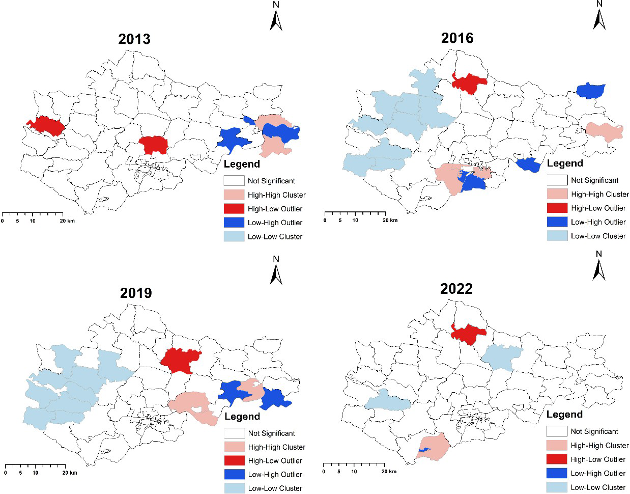 Figure 4: Local clusters of the population-level annual HCV at the township (street) level in Bengbu city in the years 2013, 2016, 2019 and 2022.
