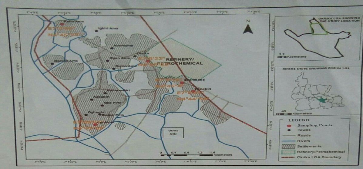 Figure 1: Map Showing the Sampled Locations of the Okrika Stretch of Bonny River.