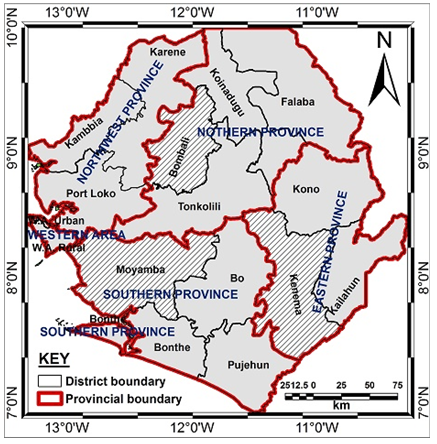 Figure 1: A map of Sierra Leone depicting sampling sites in three districts (solid hatched lines).