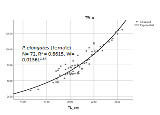 Figure 7: Length-weight of combined sexes of Pseudotolithus elongatus in Jaja creek.