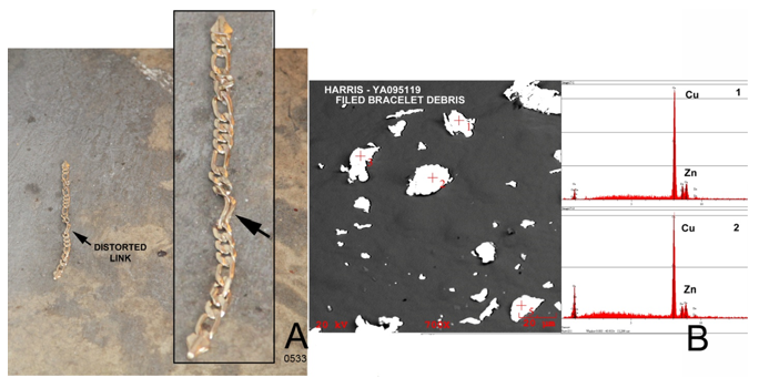 Figure 12: A. The bracelet at the shooting scene; inset enlargement of the bracelet shows the distorted link at arrow. B. Scanning electron microscope backscatter electron image of the particles from the filing of one link of the bracelet showing heavy backscatter electron particles which are brass (copper + zinc); the bracelet is brass with probable gold plating. Scanning electron microscope image and spectra taken by the author.