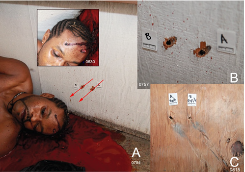 Figure 9: A. Bullet strikes A and B under the mailboxes in painted plywood which show the estimated bullet trajectories (red arrows – base on C, image 0815); inset: wood fragments on the victim’s hair. B. Close-up image of bullet strike defects A and B. C. The exit bullet holes with the plywood removed shows the low trajectory angles to the vertical plywood of both bullet tracks by the bullet gouges in the plywood extending to near the floor.