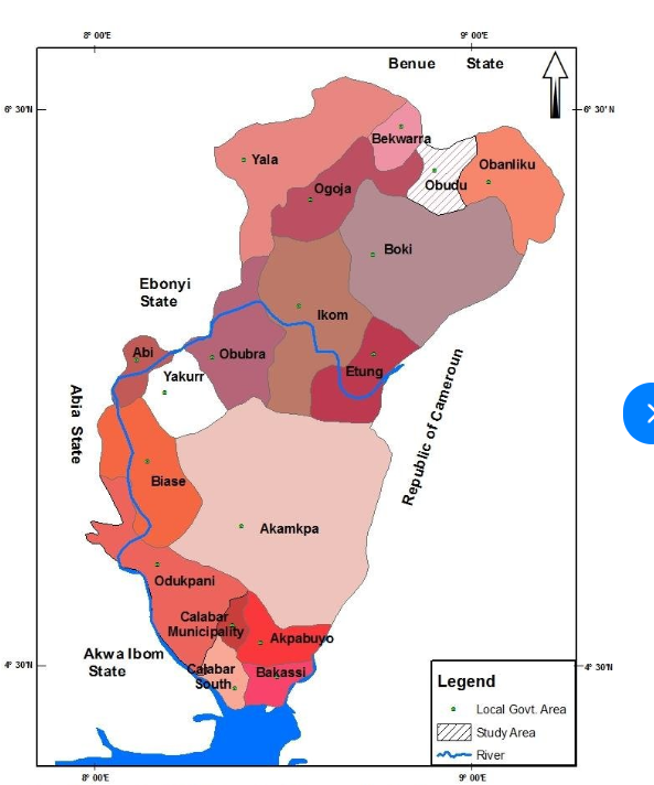 Figure 1: Map of Cross River State showing the study area (Ogoja LGA) [17].