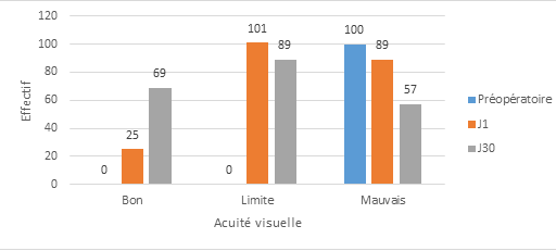 Figure 1: Distribution of eyes according to postoperative visual acuity on D1 and D30.