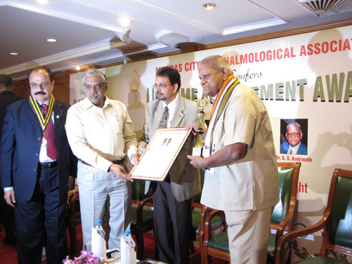 Figure 4: Dr. S.S. Badrinath was conferred Life-Time Achievement Award by Madras City Ophthalmogical Association.
