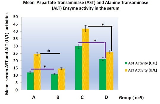 Figure 4: Graphical representation of the mean absolute weight of the liver of adult male Wistar rats used in this study. The data obtained were analyzed using one way Analysis of Variance (ANOVA) and obtained expressed as the mean ± SD. Data (*) taken as significant statistically when p ≤ 0.05. Legend: A=Control, B=Olive Oil Control, B= 120mg/kg b.w.t/ daily AAS for 21days and D= the 7days withdrawal groups following 21 days of 120mg/kg AAS treatment.