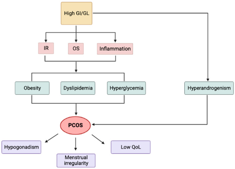 Figure 7: Courtesy ref no-80-Effects of GI and GL on PCOS. GI: glycaemic index; GL: glycaemic load; IR: insulin resistance; OS: oxidative stress; QoL: quality of life.