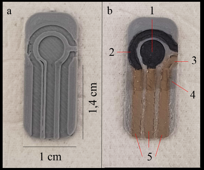 Figure 1: A: Base of the Electrode Printed in ABS. B: Base of the Printed Electrode Filled with Carbon Paste on the Working (1) and Auxiliary (2) Electrodes, with Silver Ink on the Pseudo-Reference Electrode (3), and their Respective Connectors (4) and a Hydrophobic Barrier Coated with Transparent Enamel (5).
