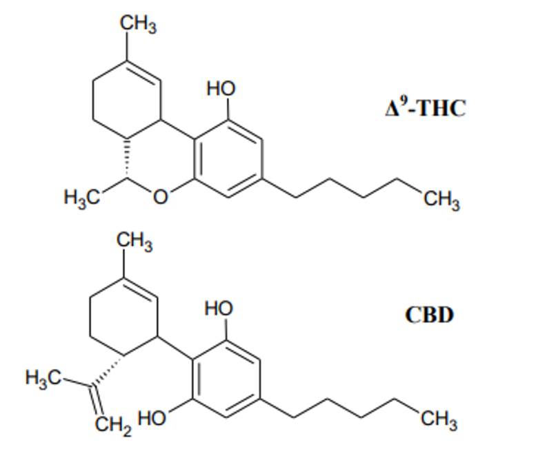 Figure 2: Molecular Structures of Δ9-THC and CBD (Adapted From [19, 22]).
